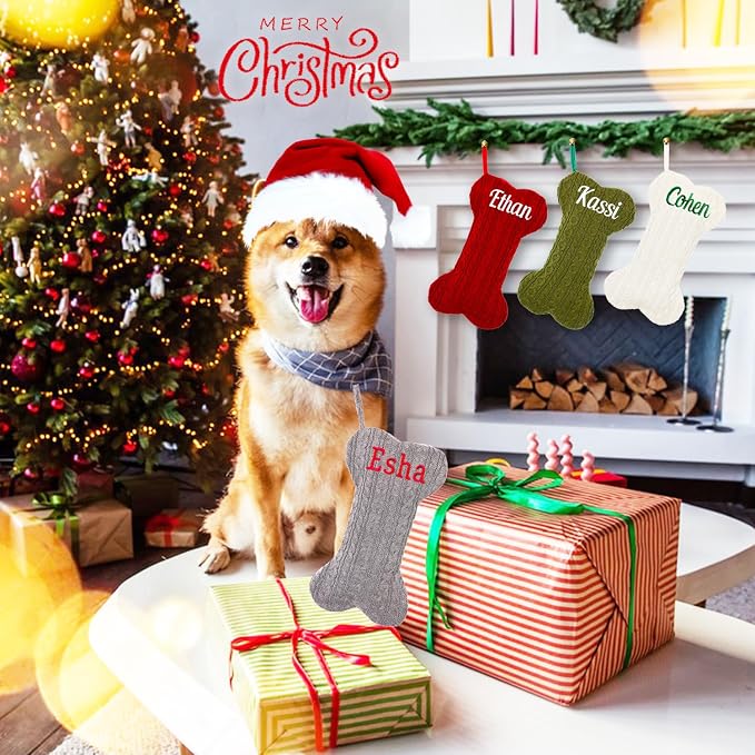 Personalized Pet Christmas Stocking,18 inch Custom Name Knit Christmas Stockings for Dog，Large Bone Xmas Stockings (Set of 4)