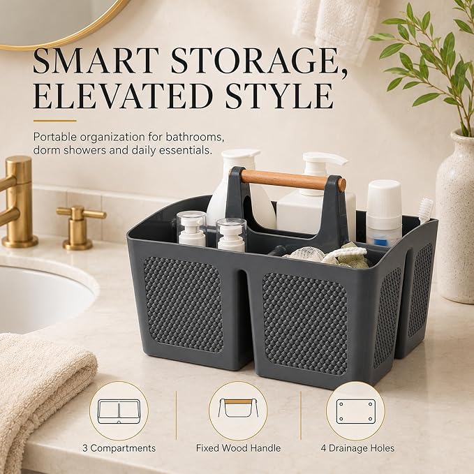 Haundry Portable Shower Caddy Tote with Wooden Handle, 3 Compartment Plastic Organizer Basket for College Dorm Essentials, Bathroom Cleaning Supplies, Gray