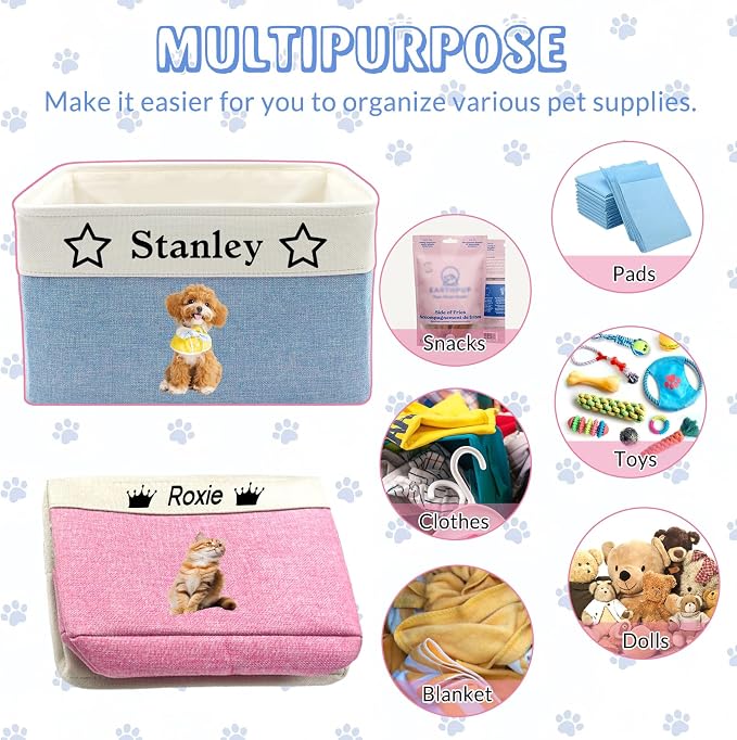 Personalized Dog Cat Toy Basket with Name Photo, Custom New Puppy Toy Storage Bins with Handles, Customized Baskets Organizer for Blankets Pet Supplies Clothes Food
