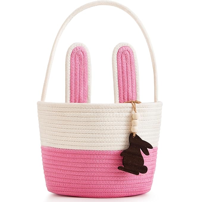 Pro Goleem Easter Basket for Kids, Adorable Woven Egg Hunt Bucket with Handle, Soft First Easter Gift Tote Bag, Nursery Toy Storage Bin with Tag(Pink)