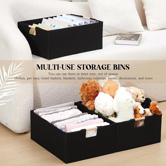 Cinnvoice 3 Pack Fabric Storage Bins for Closet Shelves, 16.5 x 12.2 x 6.7 Inch Black Rectangle Wardrobe Organizer with Handle, Collapsible Shelves Storage Basket for Sorting Clothes and Toy