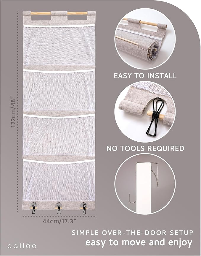 Over the Door Stuffed Animal Storage for Kids – Felt Organizer with Clips to Display Art and Mesh Pockets for Stuffies, Books and More – Space-Saving Hanging Design that Grows with your Child