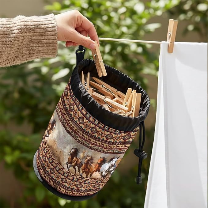 Clothespin Bag Organizer, Boho Pattern Horses Drawstring Laundry Peg Storage Pouch with Hanging Loop, Portable Multifunctional Clips Holder for Drying Rack, Camping & Home