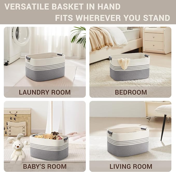 45L Small Woven Laundry Basket Hamper with Leather Handles,Grey | collapsible wicker hamper, storage for dirty clothes, toys, blankets, gifts, living room, bedroom, bathroom, 18"x14"x11"