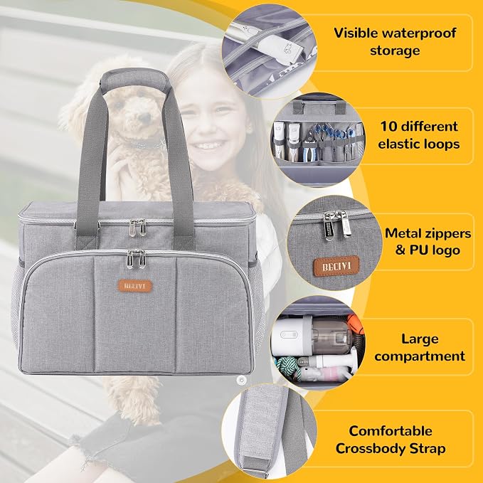 Dog Cat Grooming Bag for Vacuum,Scissors,Dog Grooming Kit Supplies | Portable Pet Grooming Supplies Organizer Tote Bag for Dogs Cats Grooming Kit Trimmer Tool Accessories Grey(Bag Only)