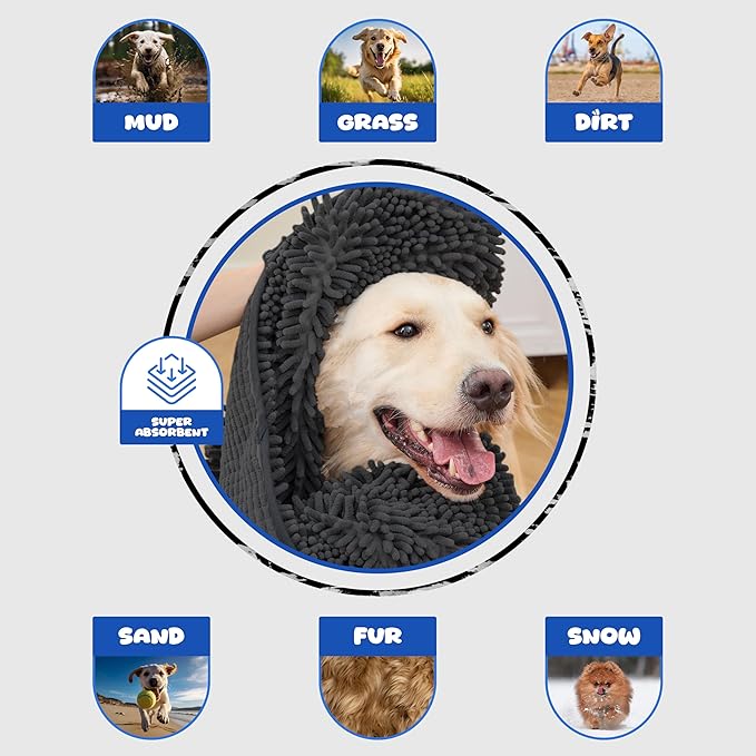 Dog Towel Microfiber – Super Absorbent Fast Dry Dog Towels for Drying Dogs, Soft Pet Bath Towel with Hand Pockets, Large & Small Dogs, Machine Washable (Black)