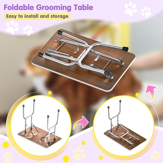 46'' Stainless Steel Pet Dog Grooming Table, Arm/Noose/Tray, Purple | Foldable Dog Grooming Table for Dogs at Home, Adjustable Height Arm, Non-Slip Waterproof Tabletop, Capacity 330Lb