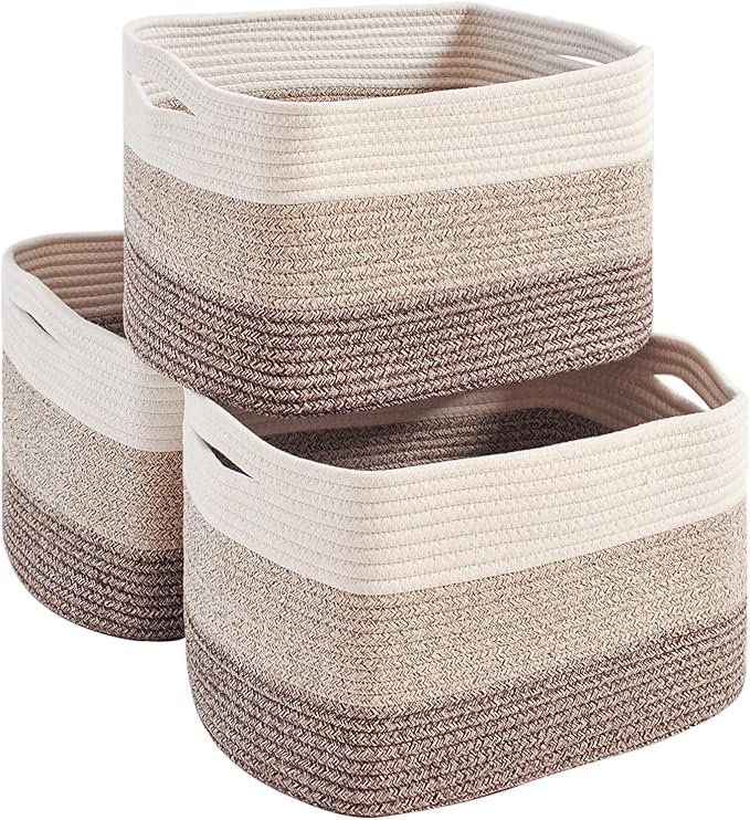 Storage Baskets for Organizing Shelves, Woven Cotton Rope Basket for Storage, Decorative Baskets for Shelves, Soft Basket for Living Room Bedroom, 14.8"×11"×9.5", Pack of 3, Gradient Brown