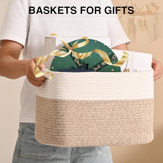 ICERZCZ Woven Cotton Rope Storage Basket for Organizing, Cute Decorative Baskets for Gifts Empty, Organizer Bins for Dog Toy, Baby Laundry, 15“×11”×9.5“, Off White & Brown