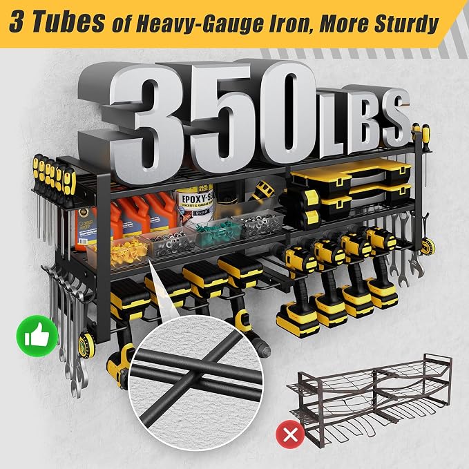 Power Tool Organizer Wall Mount, 350LBS Capacity, 3 Tier, 8 Drill Holders | 3-Tube Reinforced Design, Holds 50+ Tools, Cordless Tool Organizer, Rust Resistant, Quick Assembly, Garage Gift for Men