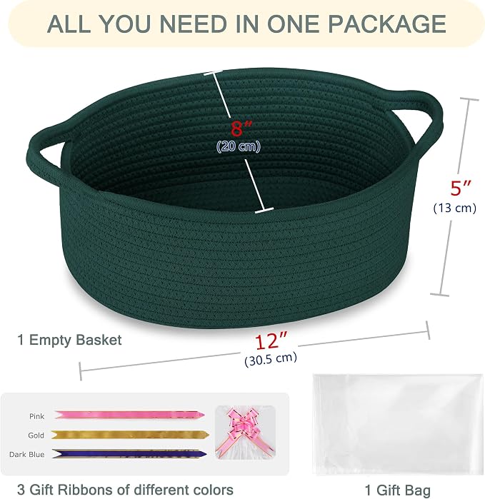 COMSE Empty Small Gift Basket with Bag & Ribbons, Dark Green | Cotton Rope, 12"x 8"x 5", Baby Toy Organizer, Stores Small Items for Bedrooms, Nurseries, Bathrooms, Living Rooms, Offices