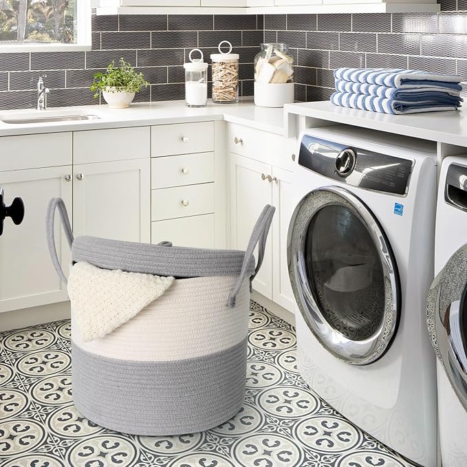 Storage Basket with Lid, Blanket Basket Living Room, Large Woven Cotton Rope Baskets for Storage, Kids Toy Storage Bin, Wicker Laundry Basket, Blankets Pillows Organizer Holder,15"x13", Gray