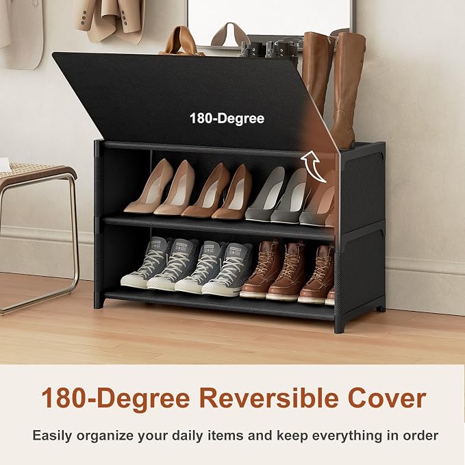 3 Tier Shoe Cabinet with Door, 12-Pair Storage, Black | Compact for Small Closets, Holds Heels, Sneakers, Boots, Door for Dust Pet Protection, Quick Easy Set Up