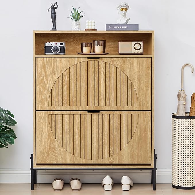 FurSch Fluted Shoe Cabinet with 2 Flip Drawers | Slim, Freestanding, Hidden Organizer, Narrow Storage Rack, for Entryway