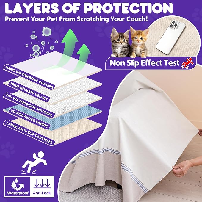 Loiion Cat Scratch Proof Furniture Protector Waterproof Sofa Cover 118"x91" | Pet-Friendly Couch Protector, Anti-Scratch & Anti-Slip Sofa Cover For Cats Dogs Kids, Machine Washable