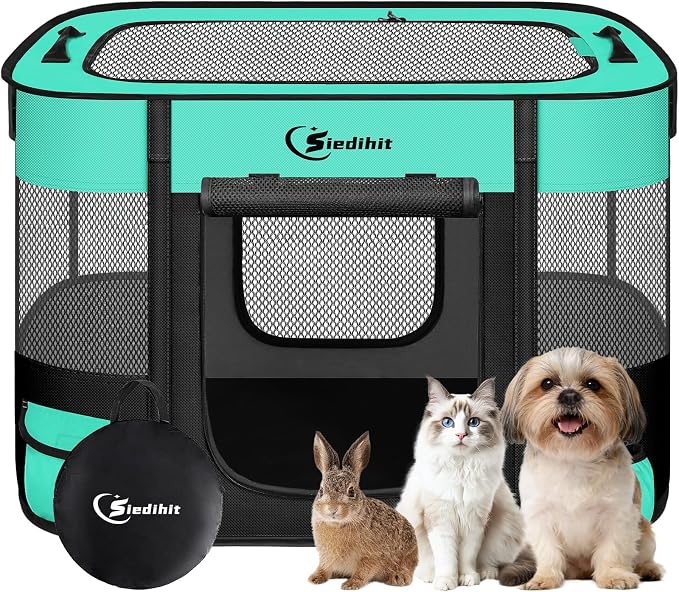 Siedihit 28" Dog Playpen,Cat Puppy Pen, Pet Portable Crate Indoor Outdoor | Durable Travel Camping Use,Foldable Dog Kennel Tent Cage for Rabbit Small Animals with Carrying Case(Green, Small)
