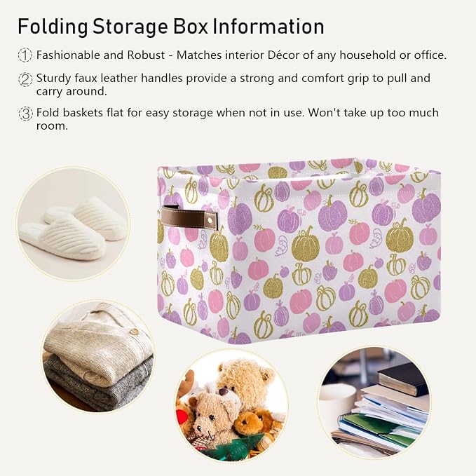 Wamika Pumpkin Pink Purple Storage Basket with Waterproof Liner and PU Handles Fall Thanksgiving Day Storage Bins Boxes 14.2" Collapsible Decorative Organizer Baskets for Bedroom Closet Office 1 Pack
