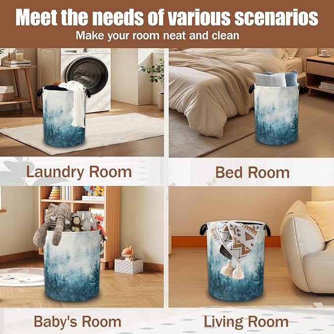 Misty Forest Laundry Baskets,Watercolor Landscape Laundry Hamper,Storage Basket with Handles for Bathroom Bedroom College Dormitory Living Room Nursery Organizer 16"x20.8"