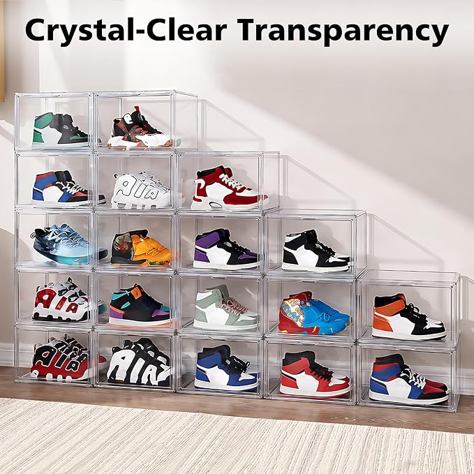 NYZE 12 Pack Acrylic Shoe Boxes Side Open, Clear Shoe Box Plastic Stackable, Shoe Storage Organizer with Magnetic Door, Shoe Display Shoe Containers with Lids Fits Up to Size 15