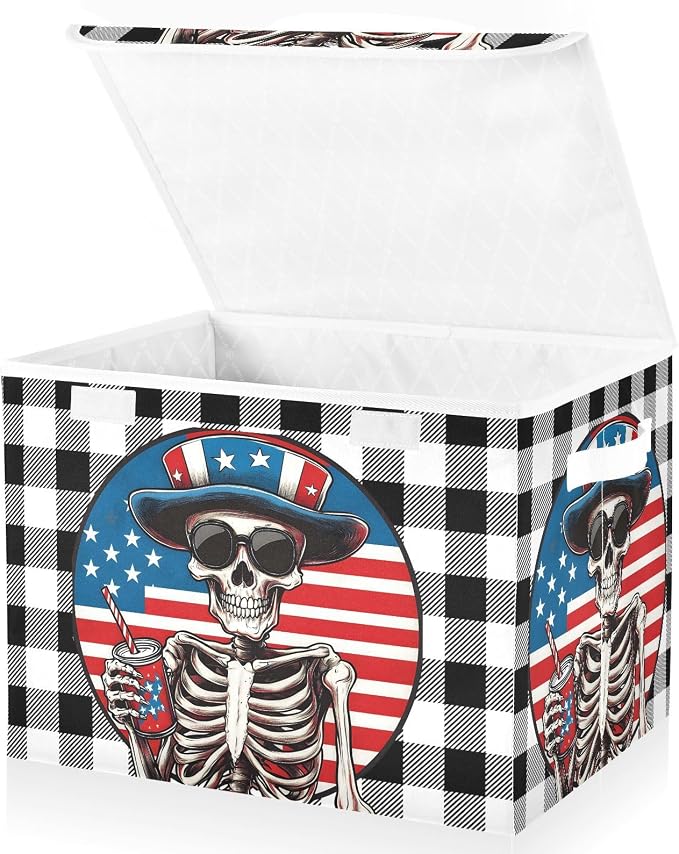 Fabric Storage Bins with Lid America Skull Closet Storage Basket 40L | Decorative Storage Boxes, Foldable & Stackable, Dust-Proof Flip Top, Reinforced Handles, For Home & Dorm, Clothes & Toy Box