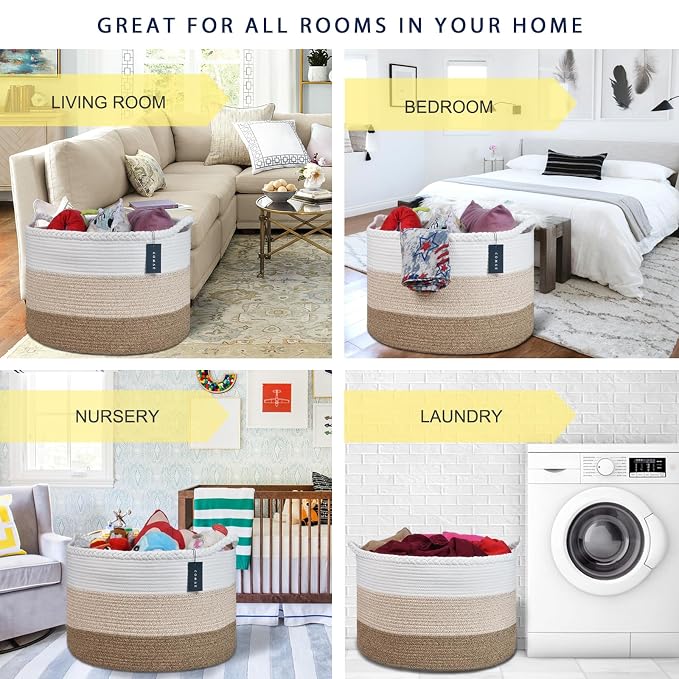 COMSE XXXLarge Woven Blanket & Laundry Basket, 87L, White & Gradient Brown | 21.7" x 13.8", Cotton Rope, Nursery Hamper for Storage of Toys Clothes Towels, Ideal for Living Room Bedroom Bathroom