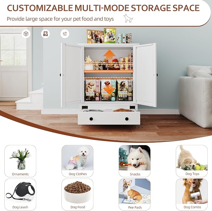 Dog Feeding Station with Storage, Metal Dog Food Storage Cabinet with 2 Elevated Bowls and 3 Hooks, Pet Feeding Station and Dogs Food Storage Organizer