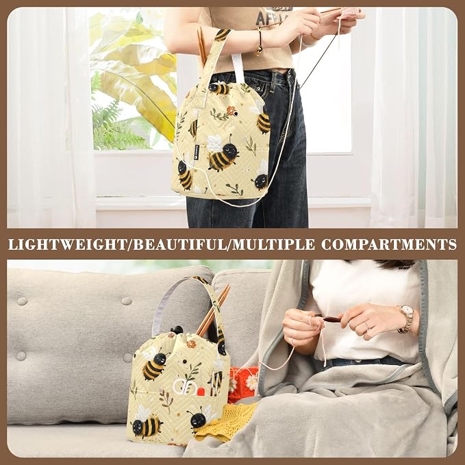 Tatenale Crochet Bag Yarn Bag Knitting Project Bag with Pockets and Handle Portable Yarn Storage Organizer Tangle Free 8.3x11 InchLight Yellow Bees Flowers Dots24