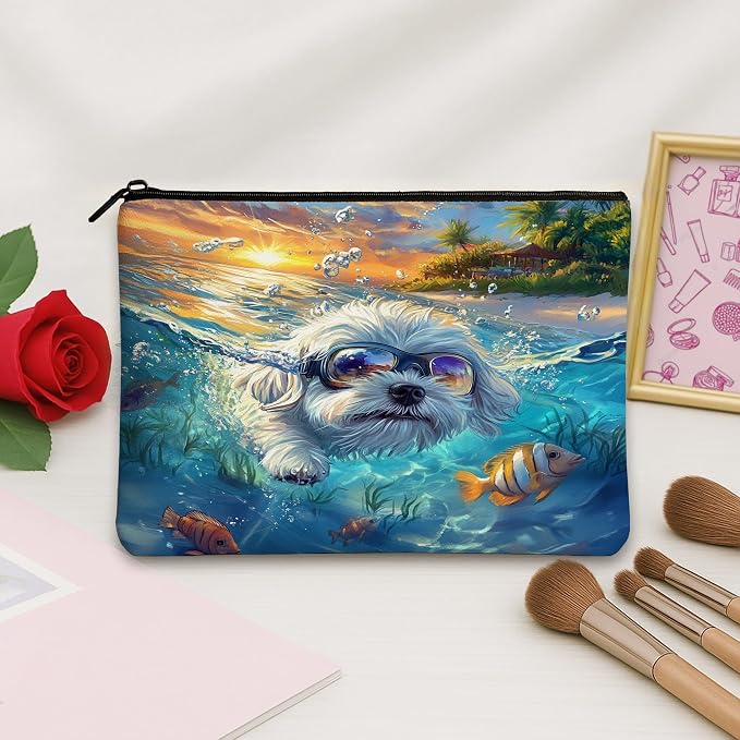 Maltese Dog Makeup Bag, Funny Coastal Beach Ocean Printed Cosmetic Travel Pouch for Women, Pet Portable Small Canvas Zipper Organizer 7x9 Inch
