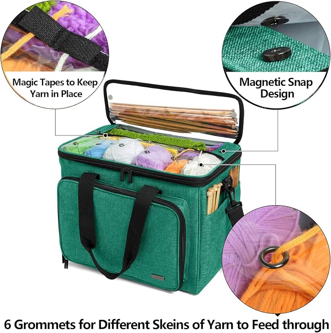 Teamoy Knitting Bag, Yarn Storage Organizer Crochet Bag Tote, Green | Yarn Holder with Inner Divider(Sewn to Bottom) for Crochet Hook, Knitting Needles(Up to 14"), Project and Crocheting Supplies