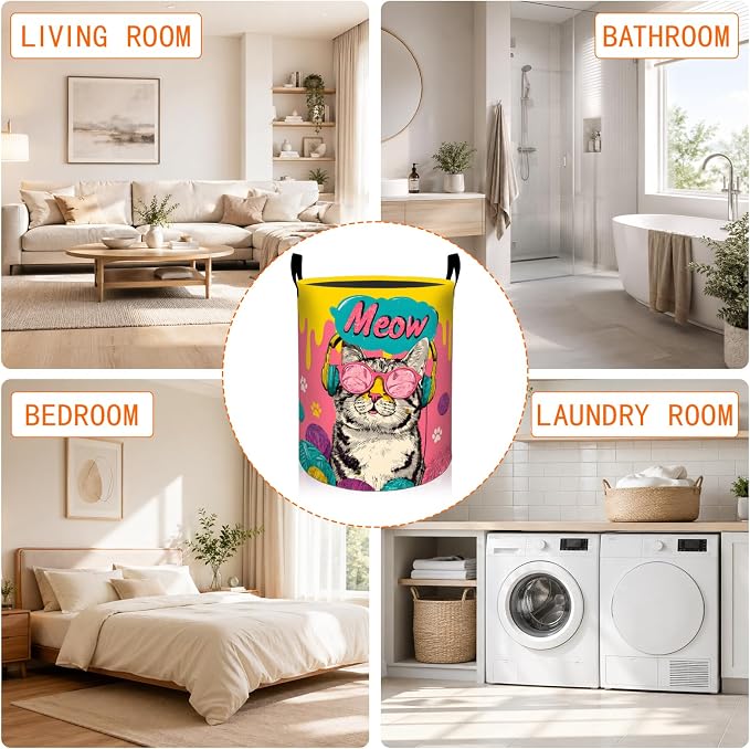 Cool Cat Laundry Basket, Colorful Pop Art Oxford Cloth Dirty Clothes Collapsible Hamper for Room Decor, Pet Lovers Gifts, Toy Organizer 19.7 x 15.7 Inches for Bedroom Bathroom Dorm