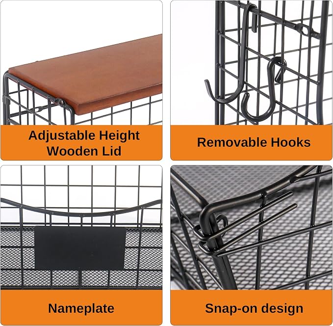 Pet Supplies Wall Basket with Wood Lid and Hooks, Dog Stuff Organizer for Wall, Puppy Toy Box Holder for Treats Leash, Wall Storage for Kitchen Pantry Bathroom, 11.8 x 8.7 x 10.6 in