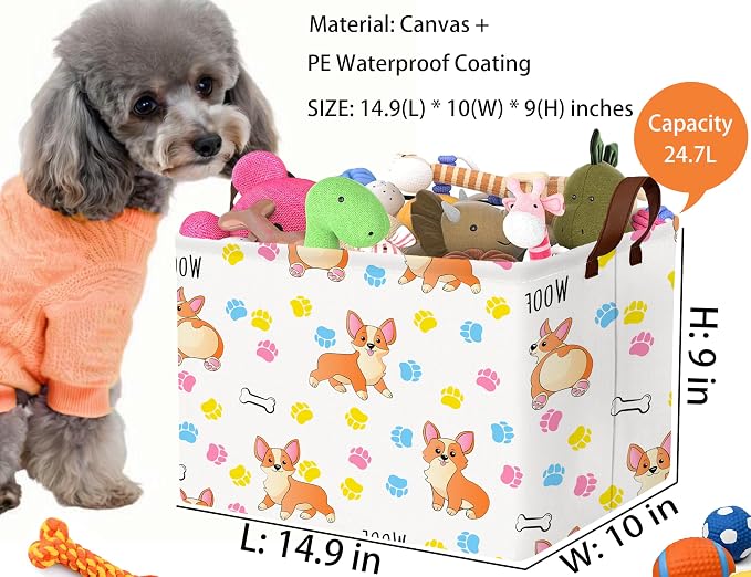 Medium Dog Toy Storage Basket Collapsible Pet Bin Box with Handles Large Puppy Box Stuff Organizer Living Room Decor(Color Paw)