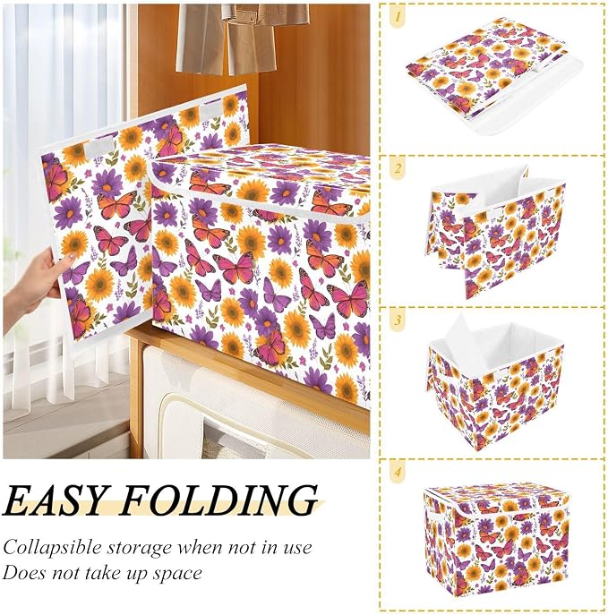 Butterfly Floral Storage Bins with Lids Closet Bedroom 40L Storage Basket | Decorative Storage Boxes, Foldable & Stackable, Dust-Proof Flip Top, Reinforced Handles, For Home & Dorm, Clothes & Toy Box