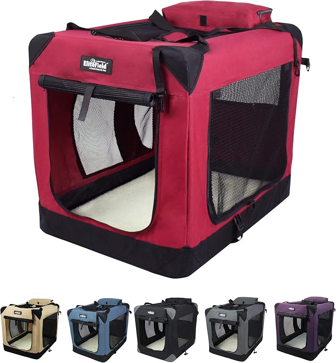EliteField 3-Door Soft Dog Crate with Bed & Carrying Bag (2-Year Warranty) | 3 Mesh Doors, Steel Frame, Removable & Washable Crate Cover and Bed Cover, Storage Pockets, Indoor/Outdoor, Foldable