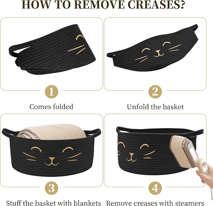 Large Cat Toy Basket, Gift Baskets Empty for Baby Shower,13" x 6" | Boo basket Cute Woven Rope Storage Basket for Home Decor, Baby Baskets for Nursery, Cat Pet toy box, Black