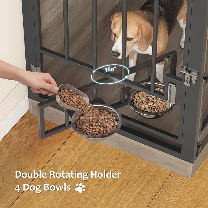 HOSTACK 71" Tall Dog Crate Furniture, Indoor Dog Kennel with Storage, Grey | Removable Room Divider, 4 feeding bowls, Adjustable Shelves, Metal Lock & Spring Latch, Farmhouse Pet House for XL/XXL Dogs