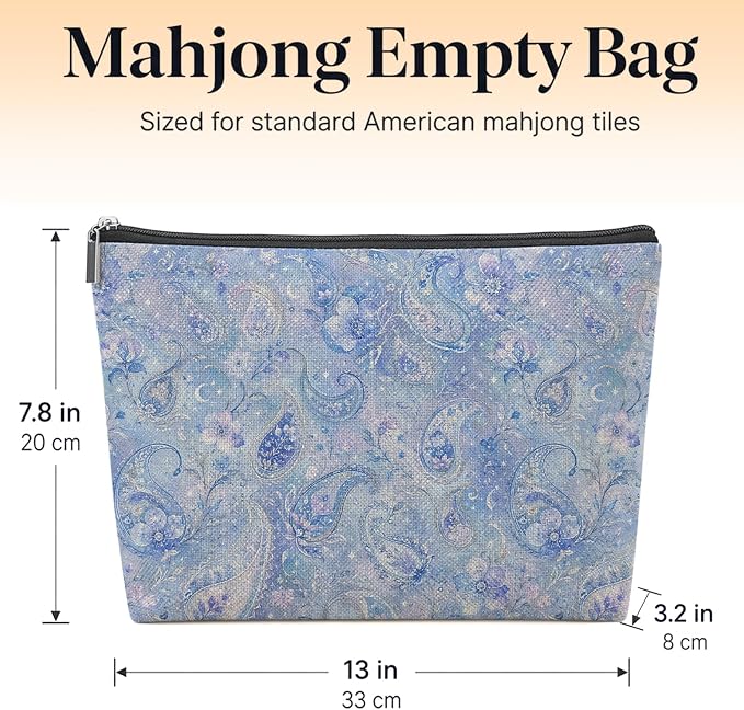 Boho Blue Dreamy Paisley Empty Mahjong Tile Bag 13x7.8 Inch | Preppy Floral Printed Portable Travel Case Organizer Zipper Pouch for American Mahjong Tiles Game Night Accessories and Gifts
