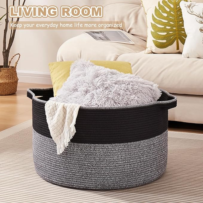 OIASKET Large Blanket Basket with Handles, 22.8" x 22.8" x 13" Woven Storage Basket for Living Room, Cotton Rope Baby Toy Storage for Clothes, Pillows, Towels-Black and Grey