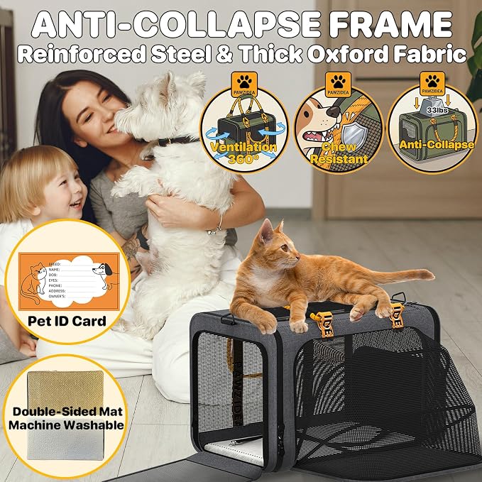 PAWZIDEA Expandable Pet Carrier for Small Cats & Dogs, TSA Airline Approved | 18"×11"×11" Soft-Sided Small Dog Travel Bag, Collapsible Top-Load Cat Carrier for 2 Cats Under Seat, Puppy Car Seat Up 15lbs