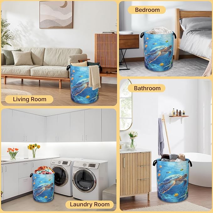 Laundry Hamper Foldable with Handles,Sea Turtle Oxford Cloth Basket,Fish Coral Colorful Large Capacity Storage Organizer for Bedroom Bathroom Dorm Room