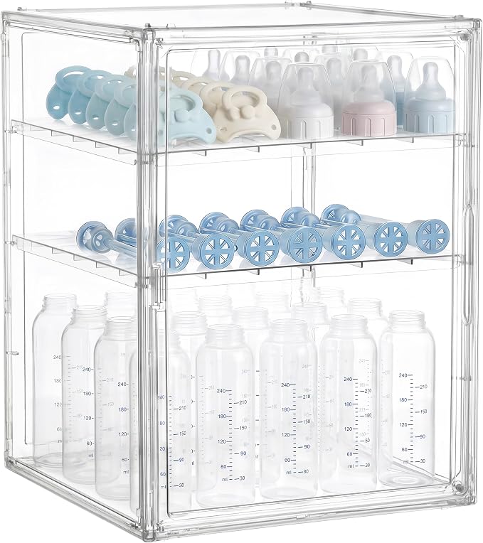 HBlife Baby Bottle Storage Organizer for Countertop Cabinet, 3 Tiers Adjustable Clear Acrylic Bottles Storage Station Case Box Container with 2 Removable Dividers and Magnetic Door, XXL