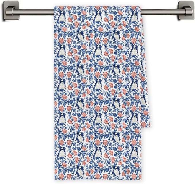 Chicimln Chinoiserie Floral Papillon Dog Kitchen Towels, Papillon Dog Gifts Decorative Hand Towels for Bathroom, Red and Blue Dogs Dish Tea Towel Drying Cloth for Kitchen Decor, 16x24 Inch