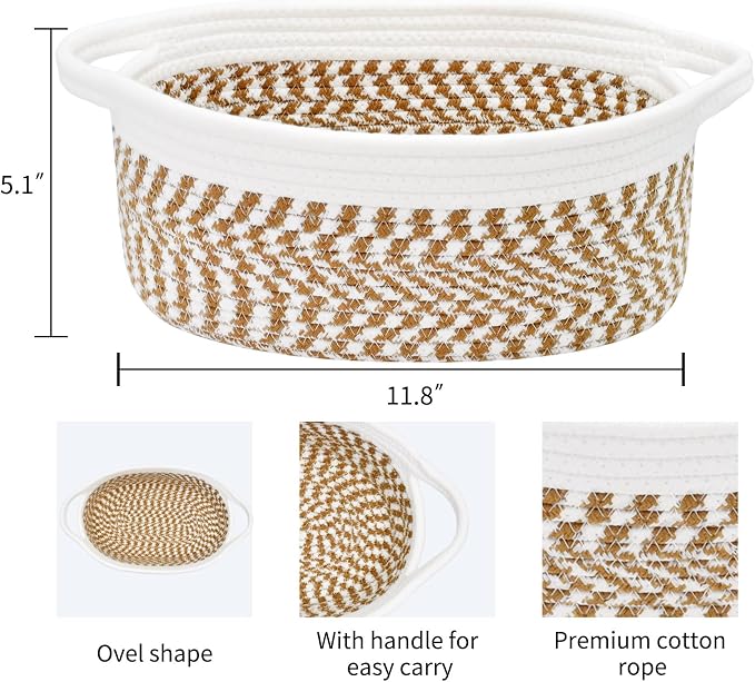 ABenkle Small Basket with Handles, Boho Decorative Rope Woven Dog Cat Toy Storage Bin Shelf Storage Organizer, Easter Christmas Gift Basket, 12"x8"x5"
