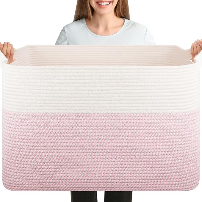 OIASKET 108L Cotton Rope Storage Basket for Living Room and Bedroom 25"x16"x16" Woven Laundry Basket, Heavy Duty Bin for Blankets, Pillows & Toys, Pet-Safe & Scratch-Free, Pink and White