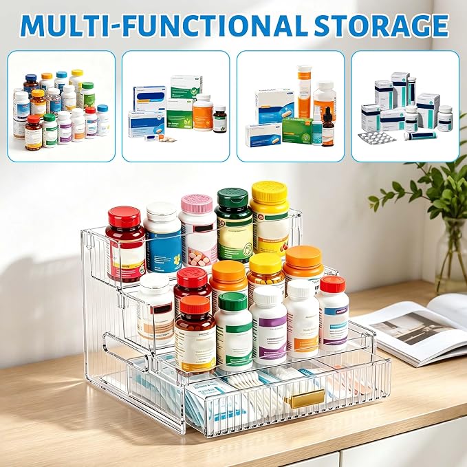 3-Tier Vitamin Storage Organizer with Drawers Organizer For Medicine Bottle | Organizer For Vitamin Bottles And Medicine Bottle,Vitamin Bottle Organizer for Countertop,Bathroom Cabinet Storage Organizer