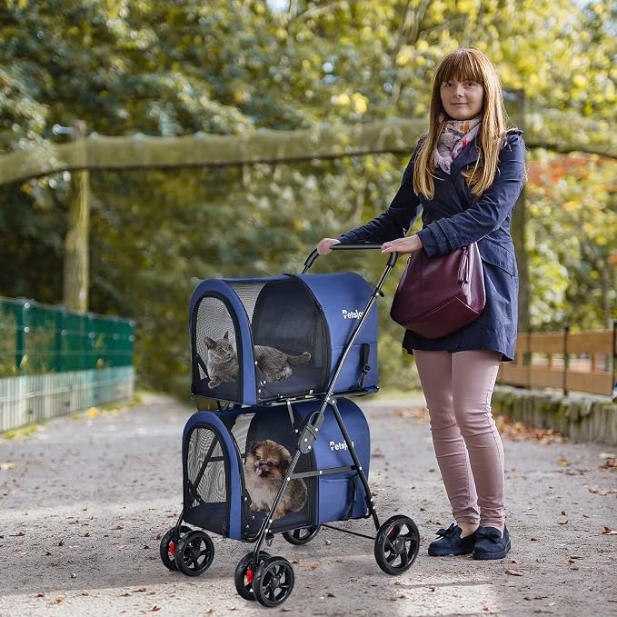 PETSITE Double Dog Stroller, Foldable Pet Stroller for 2 Dogs & Cats Small Medium Sized with Detachable Carrier on Wheels, Ideal for Car Seat Walking Camping Travel