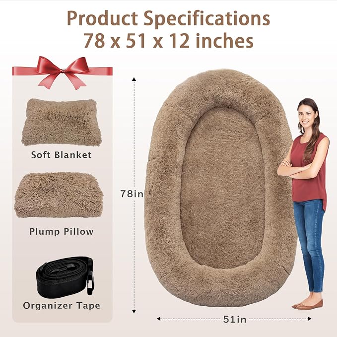 ROOMTEC Human Dog Bed, 78''x51''x12'' Size Fits Adult and Pet Washable Giant People Bed 10 CM Thick Memory Foam Large Oversize Pet Bed with Plump Pillow, Blanket, Strap - Khaki