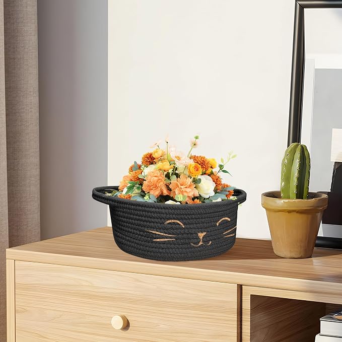 Small Cat Toy Basket, Gift Baskets Empty for Baby Shower,9.8" x 4" | Boo basket Cute Woven Rope Storage Basket for Home Decor, Baby Baskets for Nursery, Cat Pet toy box, Black