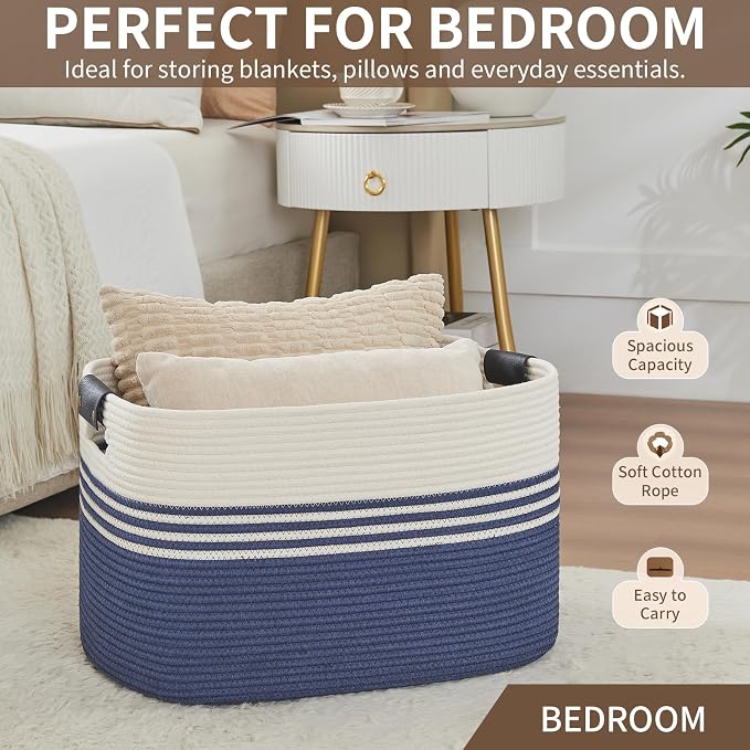 Laundry Hamper with Handles, 72L Rope Laundry Basket, Blue | Cotton rope clothes hamper with leather handles holds blankets, pillows, toys and laundry in nursery, bedroom or living room