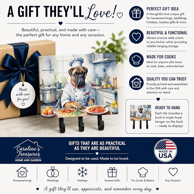 Caroline's Treasures Bullmastiff The Chef Leash or Key Holder Wall Hooks, Key Hooks Holder, Coat Rack Wall Mount, Coat Hooks, Hooks for Hanging Keys, Towels, Aprons, Leashes | Bullmastiff The Chef artwork on ceramic tile with three steel hooks for keys...